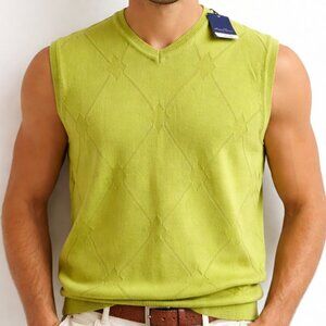 Alan Flusser Sweater Vest M Lime Green Argyle V Neck 100% Cotton Classic Preppy
